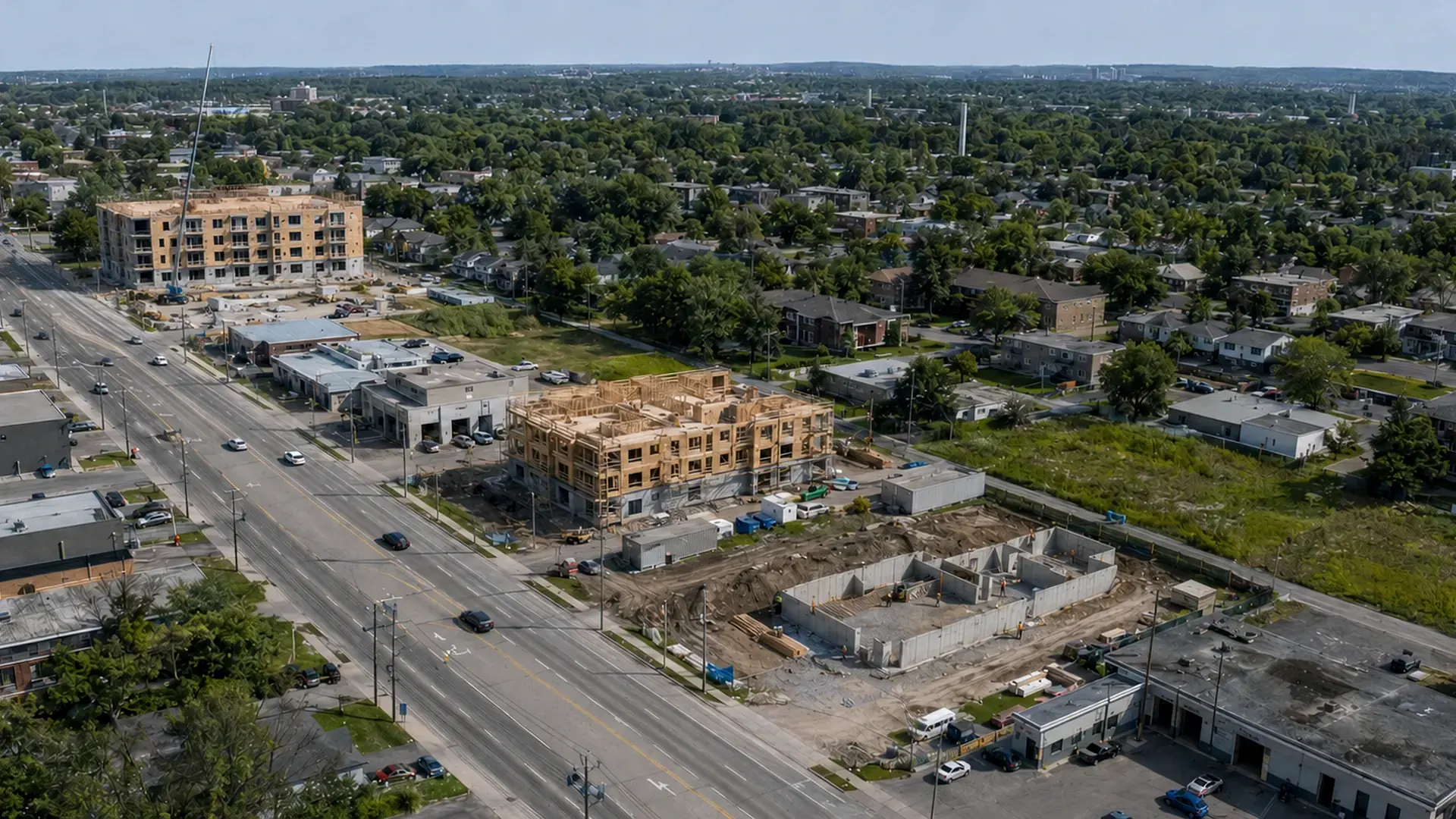 Immeubles multirésidentiels en construction le long d’un boulevard urbain au Québec
